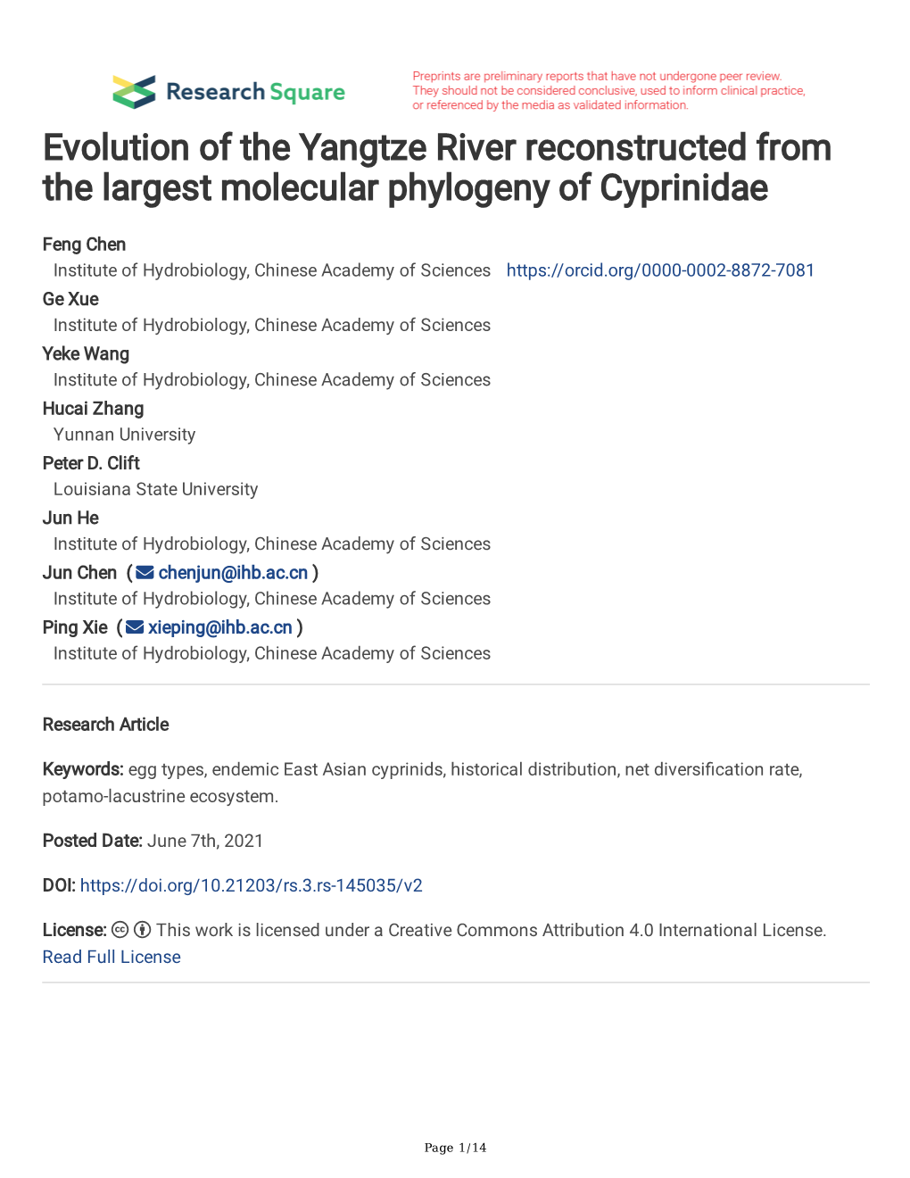 Evolution of the Yangtze River Reconstructed from the Largest Molecular Phylogeny of Cyprinidae