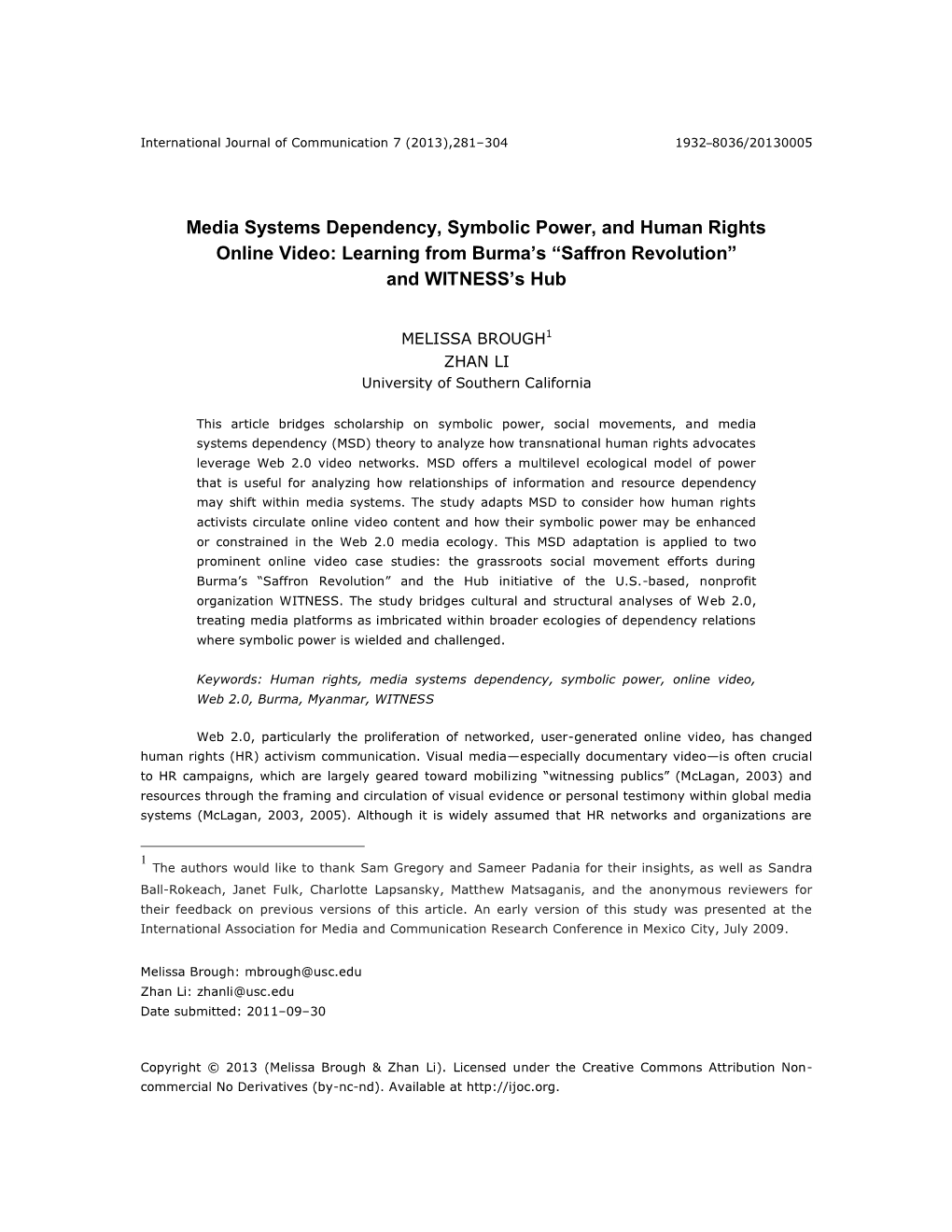 Media Systems Dependency, Symbolic Power, and Human Rights Online Video: Learning from Burma’S “Saffron Revolution” and WITNESS’S Hub