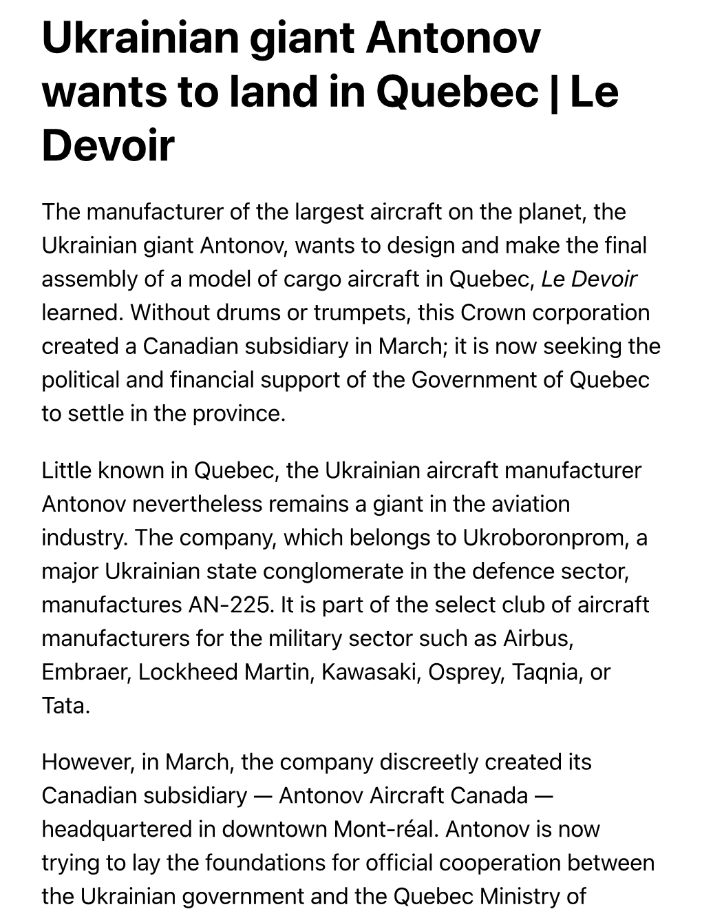 Ukrainian Giant Antonov Wants to Land in Quebec | Le Devoir