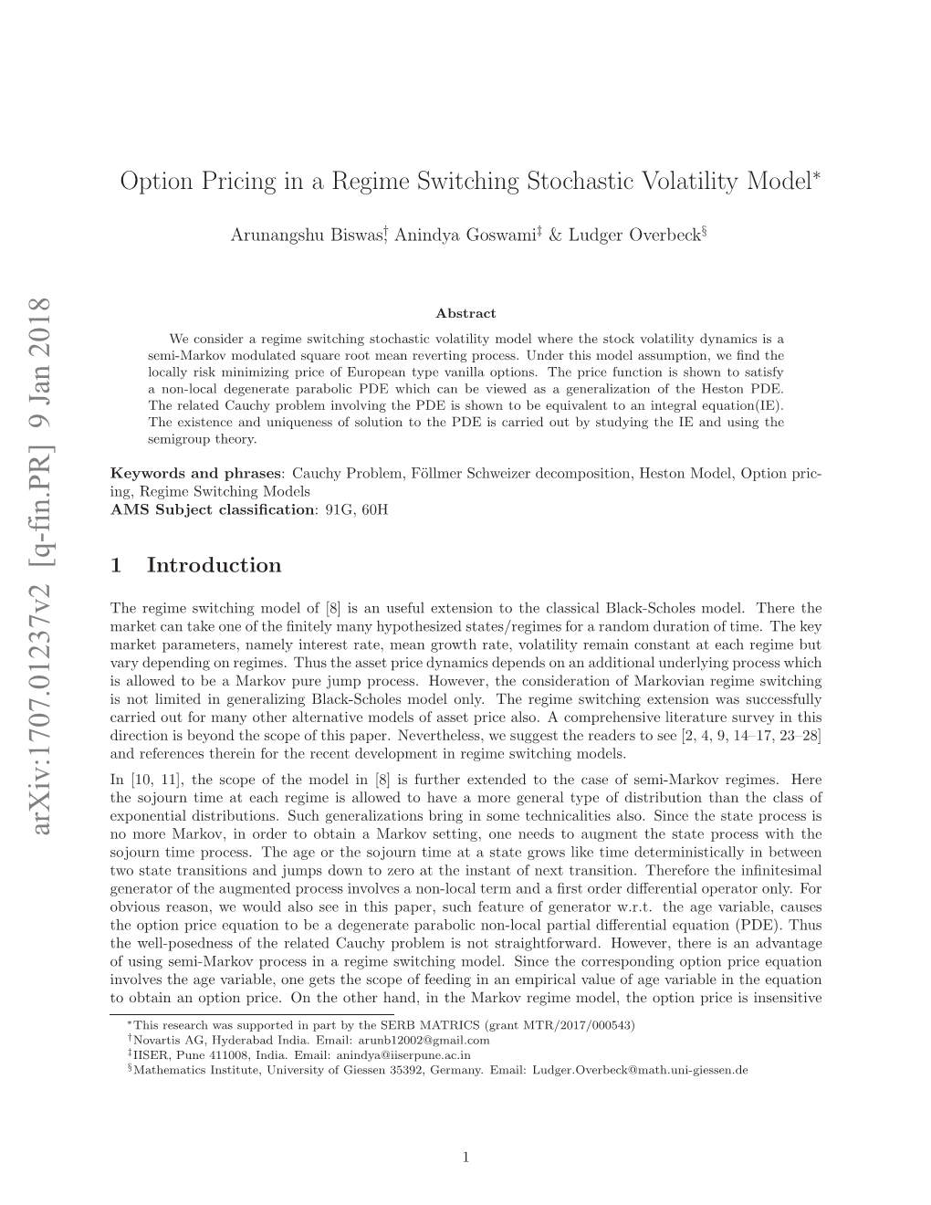 Option Pricing in a Regime Switching Stochastic Volatility Model