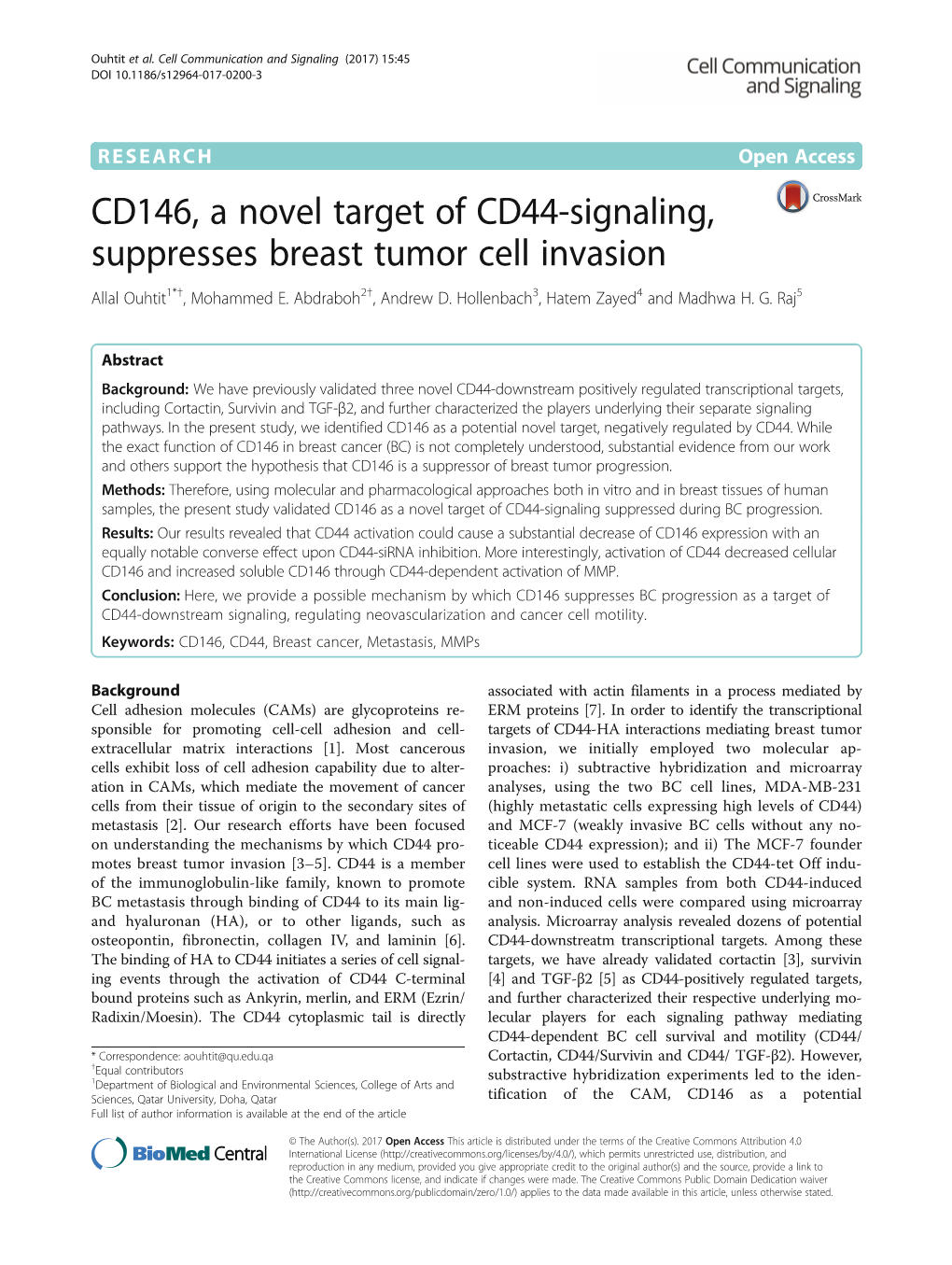 CD146, a Novel Target of CD44-Signaling, Suppresses Breast Tumor Cell Invasion Allal Ouhtit1*†, Mohammed E