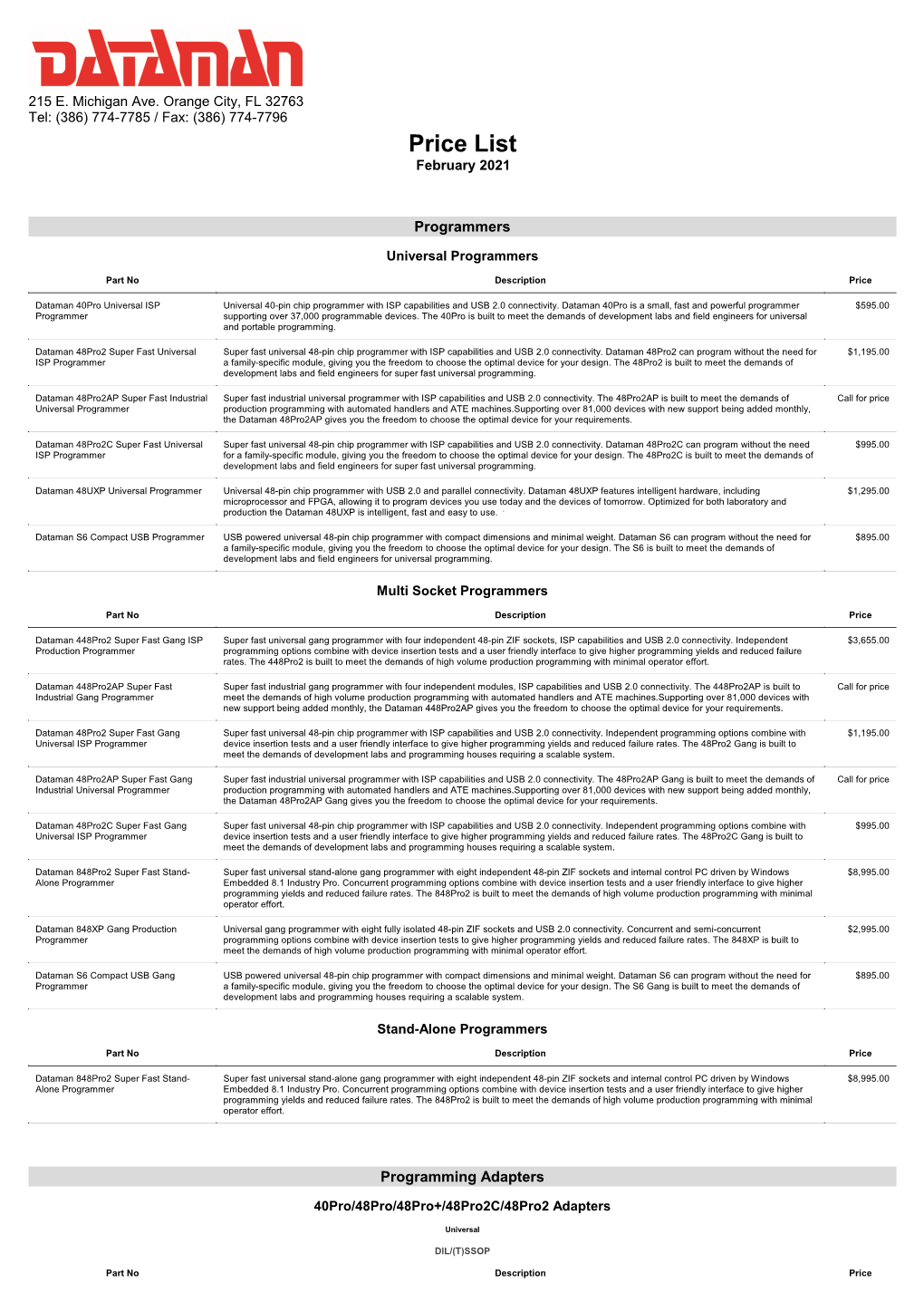 Dataman Price List