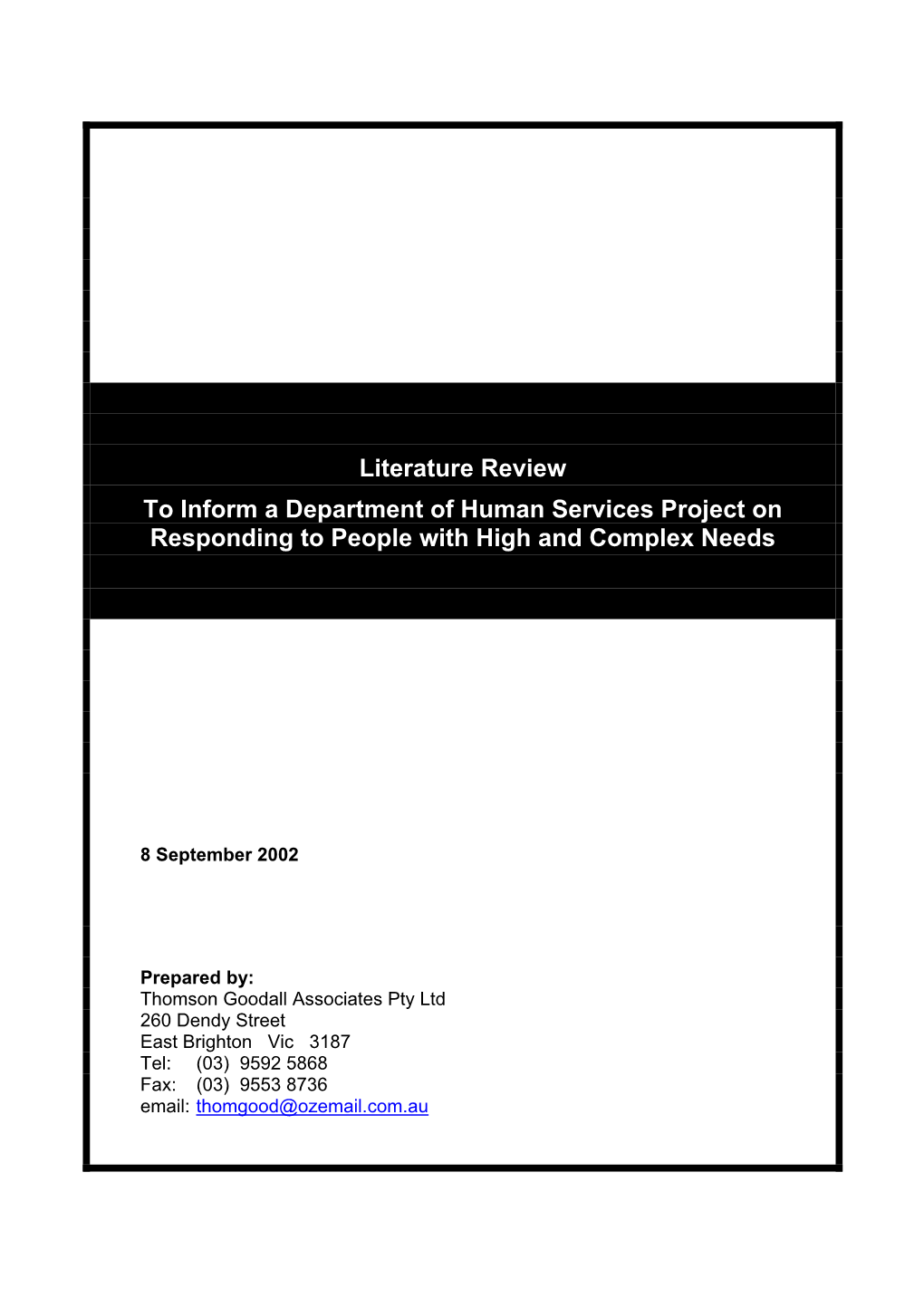 Literature Review to Inform a Department of Human Services Project on Responding to People with High and Complex Needs