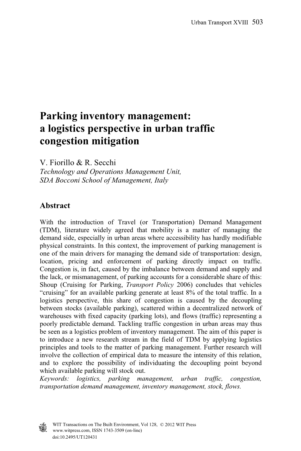 Parking Inventory Management: a Logistics Perspective in Urban Traffic Congestion Mitigation