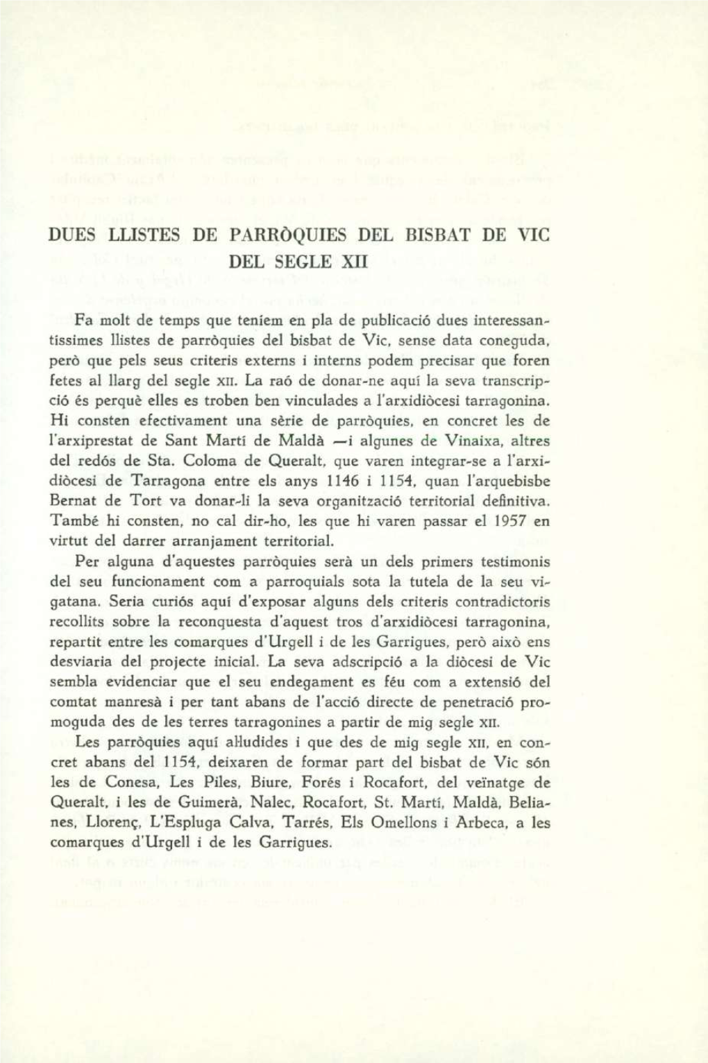 Dues Llistes De Parròquies Del Bisbat De Vic Del Segle Xii