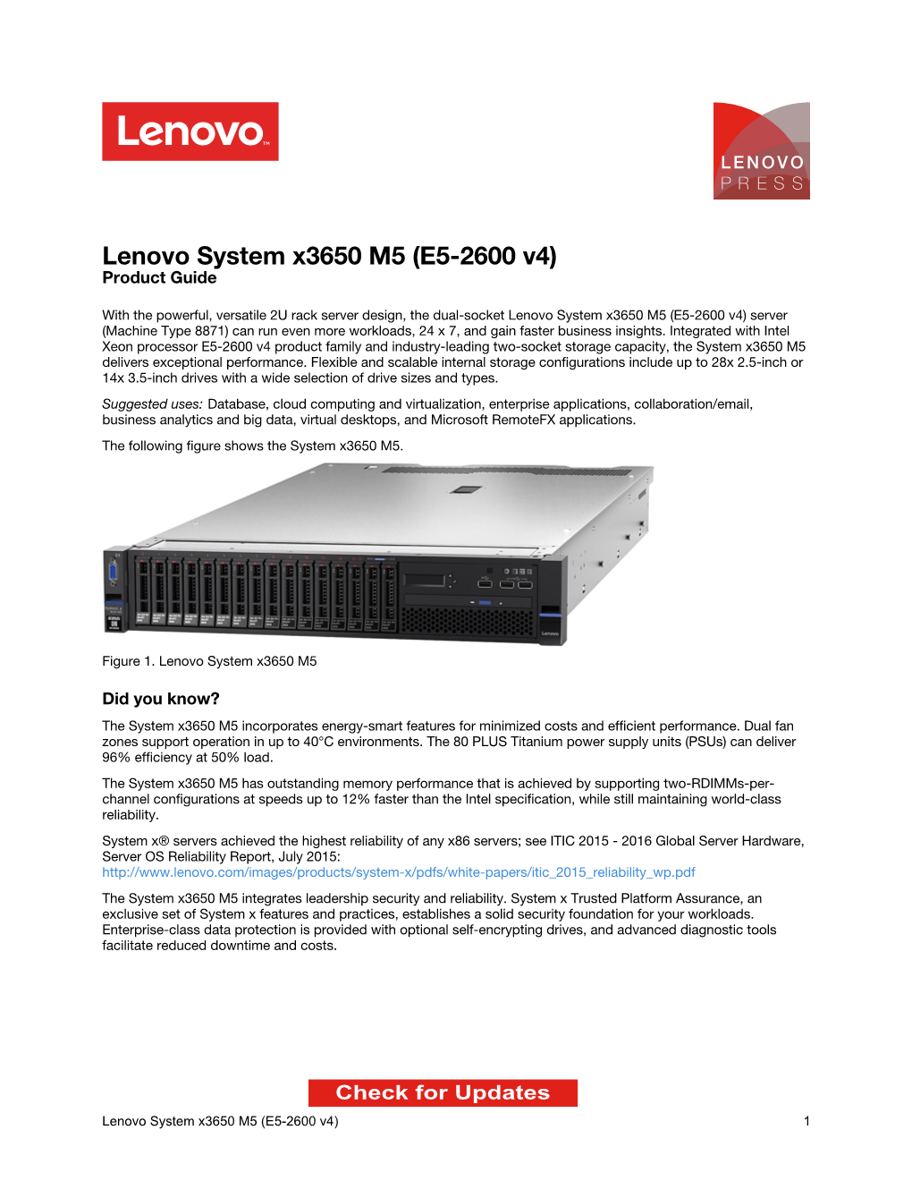 Lenovo System X3650 M5 (E5-2600 V4) Product Guide