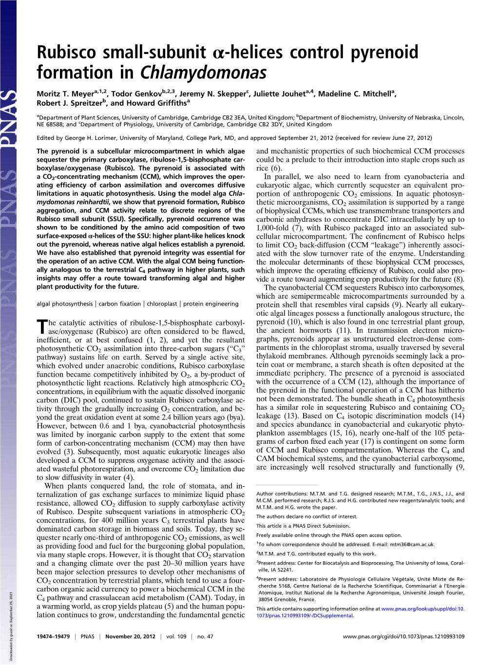 Rubisco Small-Subunit Α-Helices Control Pyrenoid Formation in Chlamydomonas