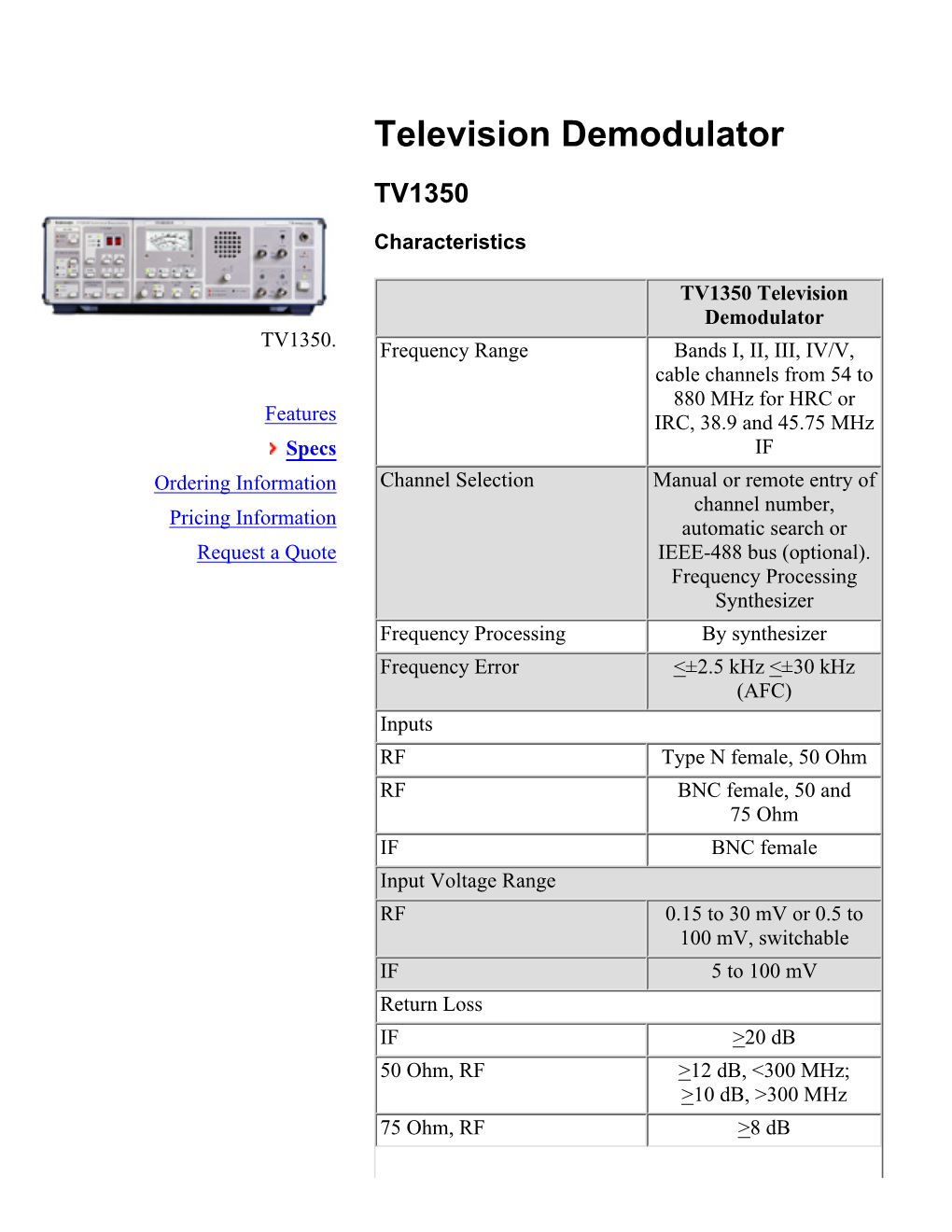 Tektronix TV 1350 Datasheet