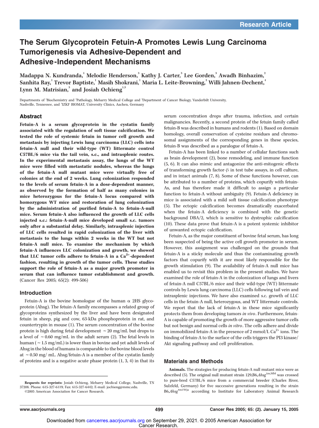 The Serum Glycoprotein Fetuin-A Promotes Lewis Lung Carcinoma Tumorigenesis Via Adhesive-Dependent and Adhesive-Independent Mechanisms