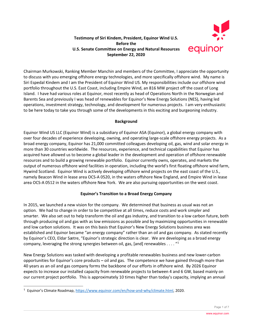 Testimony of Siri Kindem, President, Equinor Wind U.S. Before the U.S. Senate Committee on Energy and Natural Resources September 22, 2020