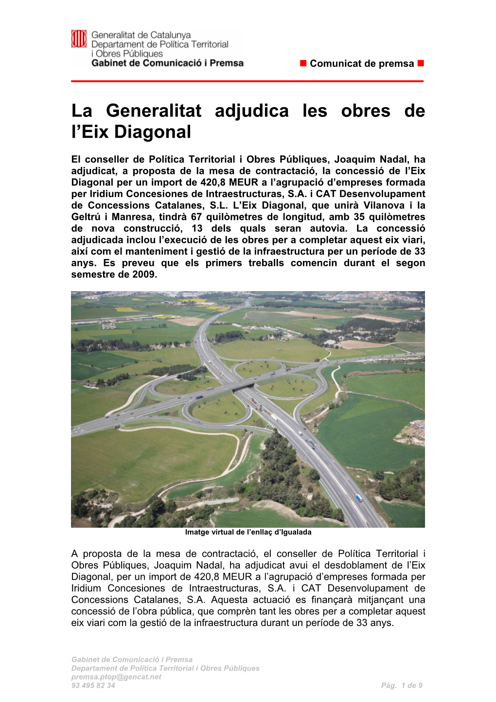 La Generalitat Adjudica Les Obres De L'eix Diagonal