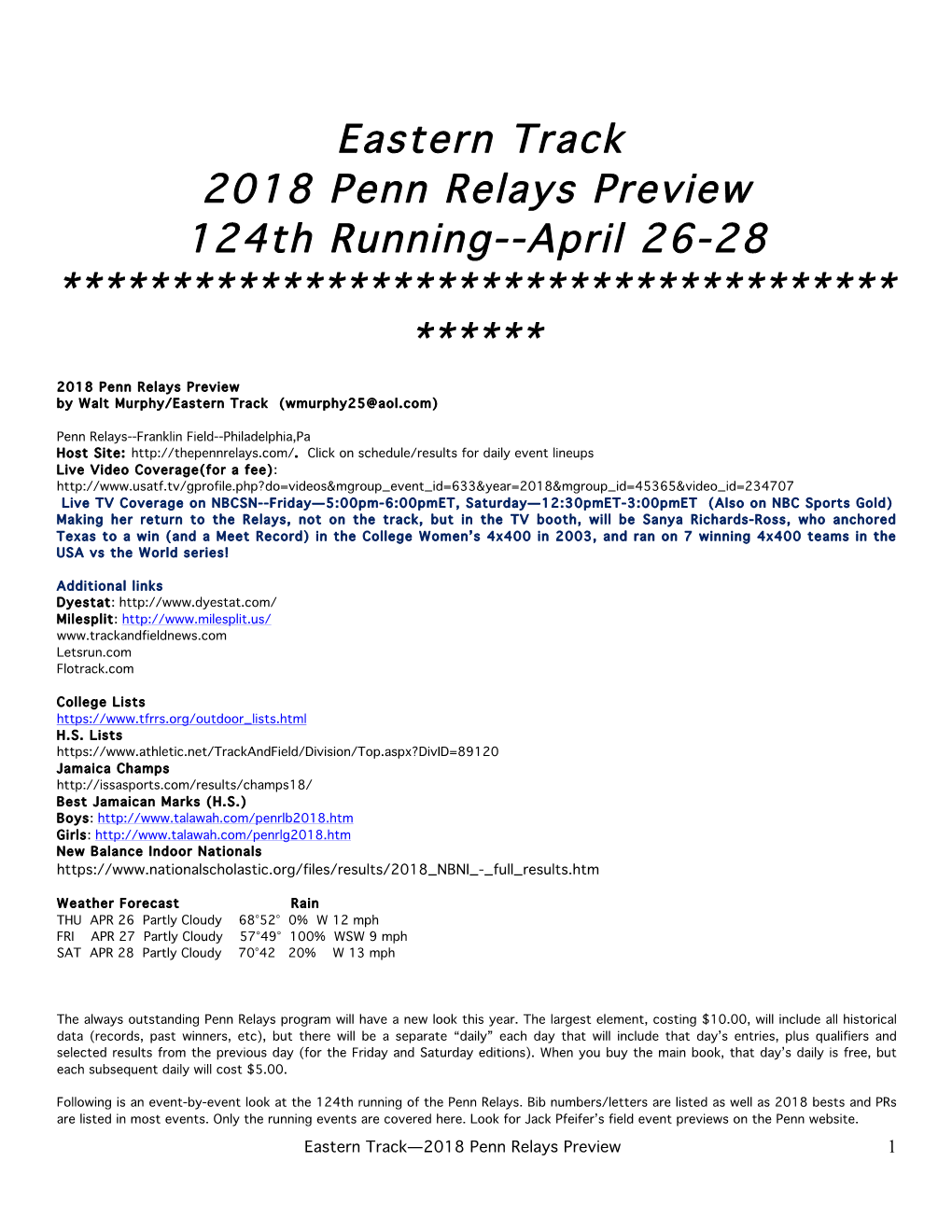 2018 Penn Relays Preview 4-26