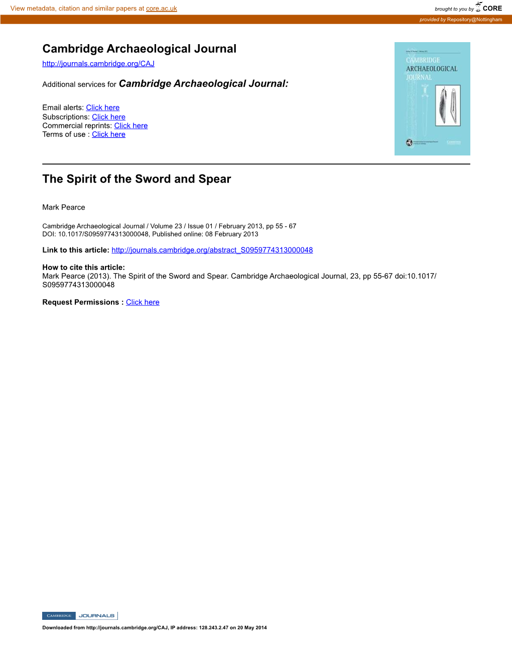 Cambridge Archaeological Journal the Spirit of the Sword and Spear