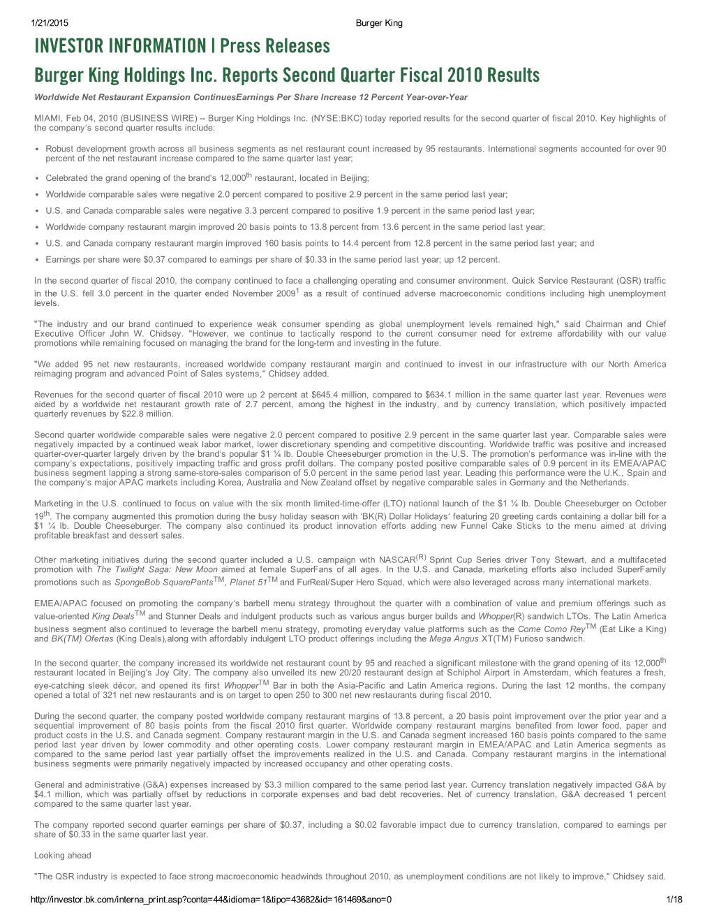 Burger King Holdings Inc. Reports Second Quarter Fiscal 2010 Results Worldwide Net Restaurant Expansion Continuesearnings Per Share Increase 12 Percent Year­Over­Year