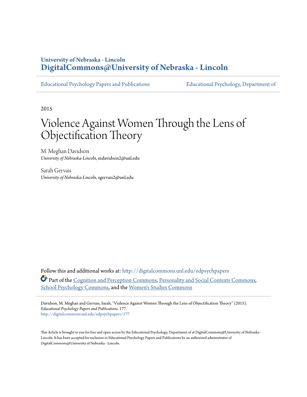 Violence Against Women Through the Lens of Objectification Theory M