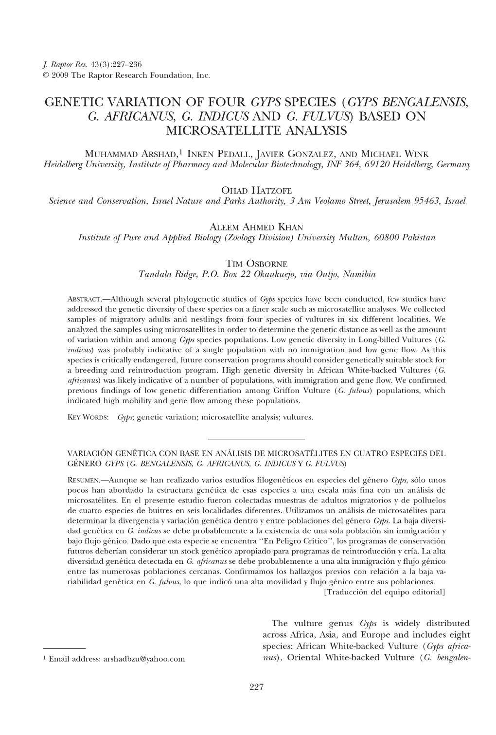 (Gyps Bengalensis, G. Africanus, G. Indicus and G. Fulvus) Based on Microsatellite Analysis