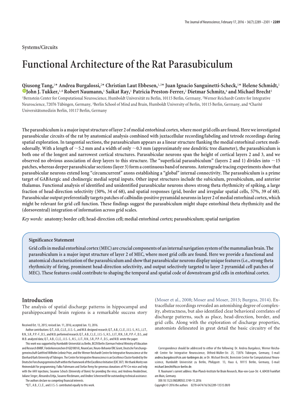 Functional Architecture of the Rat Parasubiculum