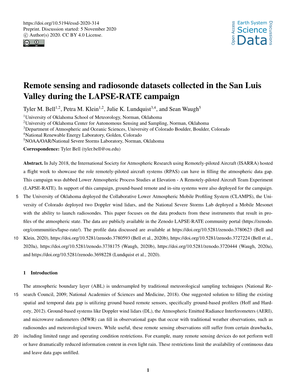 Remote Sensing and Radiosonde Datasets Collected in the San Luis Valley During the LAPSE-RATE Campaign Tyler M