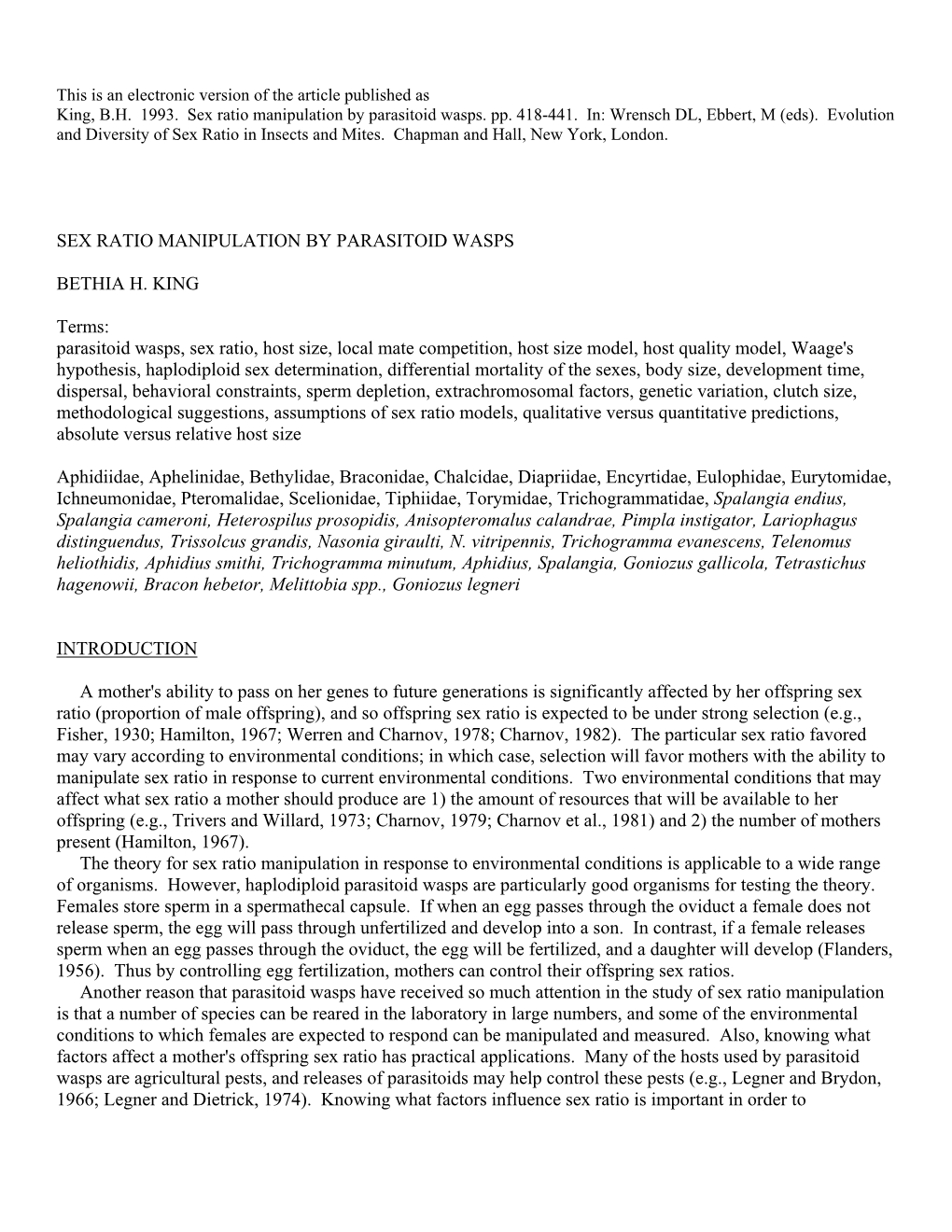 Parasitoid Wasps, Sex Ratio, Host Size, Local Mate Competit