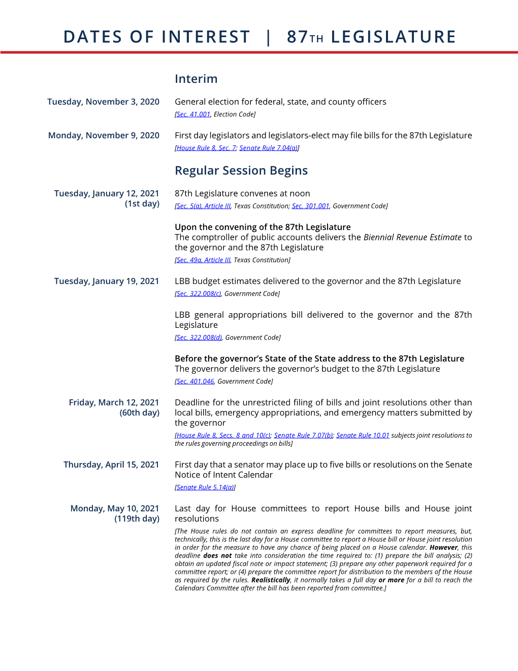 Dates of Interest | 87Th Legislature