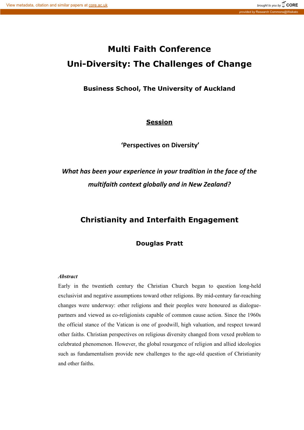 Multi Faith Conference Uni-Diversity: the Challenges of Change