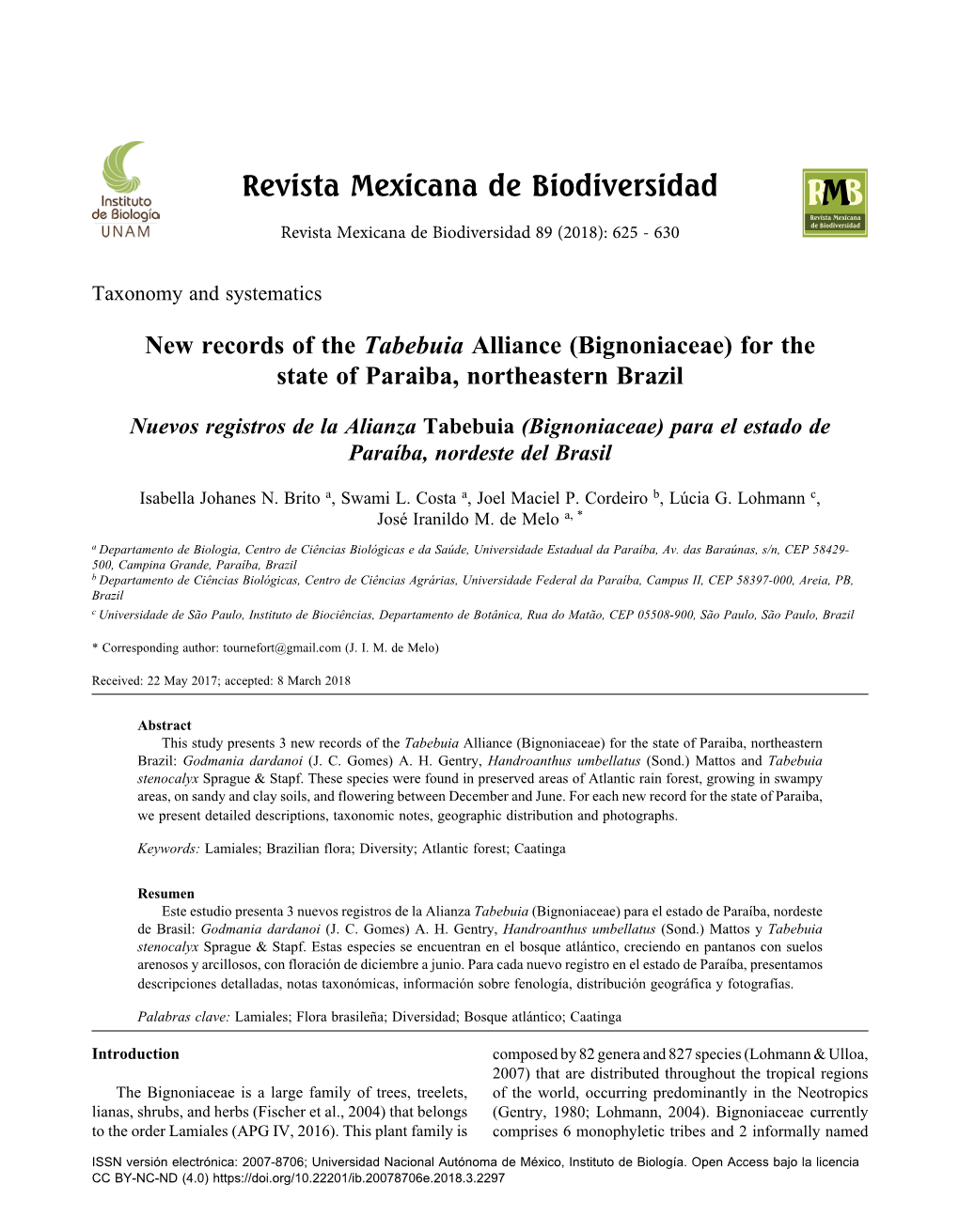 Nuevos Registros De La Alianza Tabebuia (Bignoniaceae) Para El Estado De Paraíba, Nordeste Del Brasil