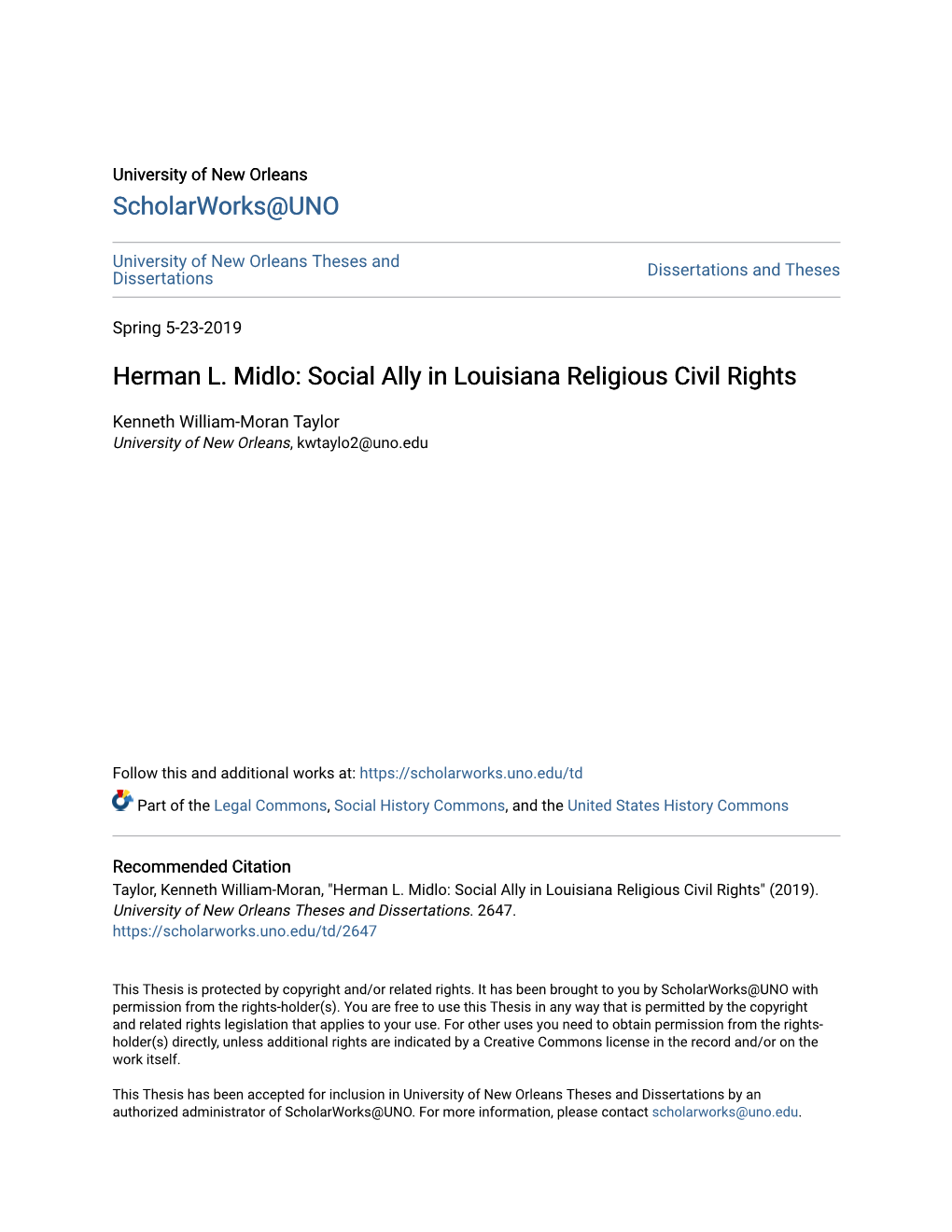 Herman L. Midlo: Social Ally in Louisiana Religious Civil Rights