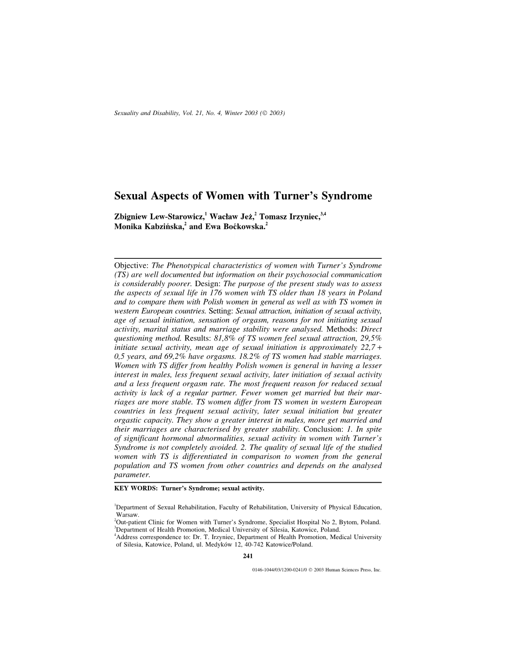 Sexual Aspects of Women with Turner's Syndrome