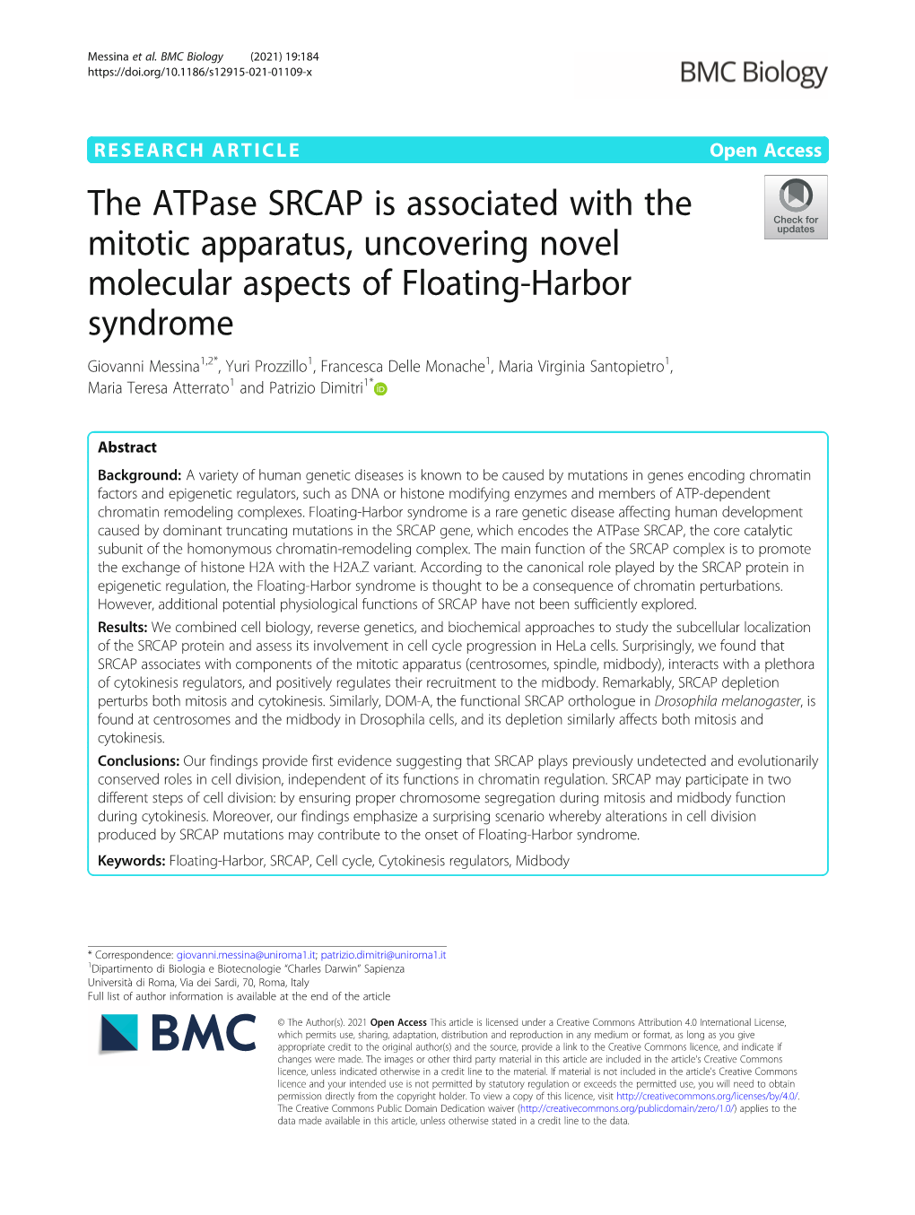 The Atpase SRCAP Is Associated with the Mitotic Apparatus, Uncovering Novel Molecular Aspects of Floating-Harbor Syndrome