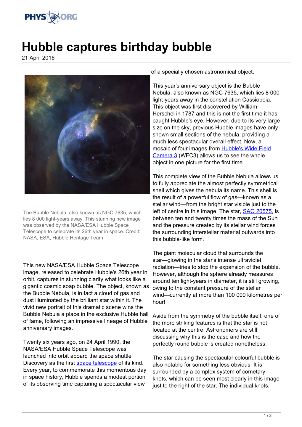 Hubble Captures Birthday Bubble 21 April 2016