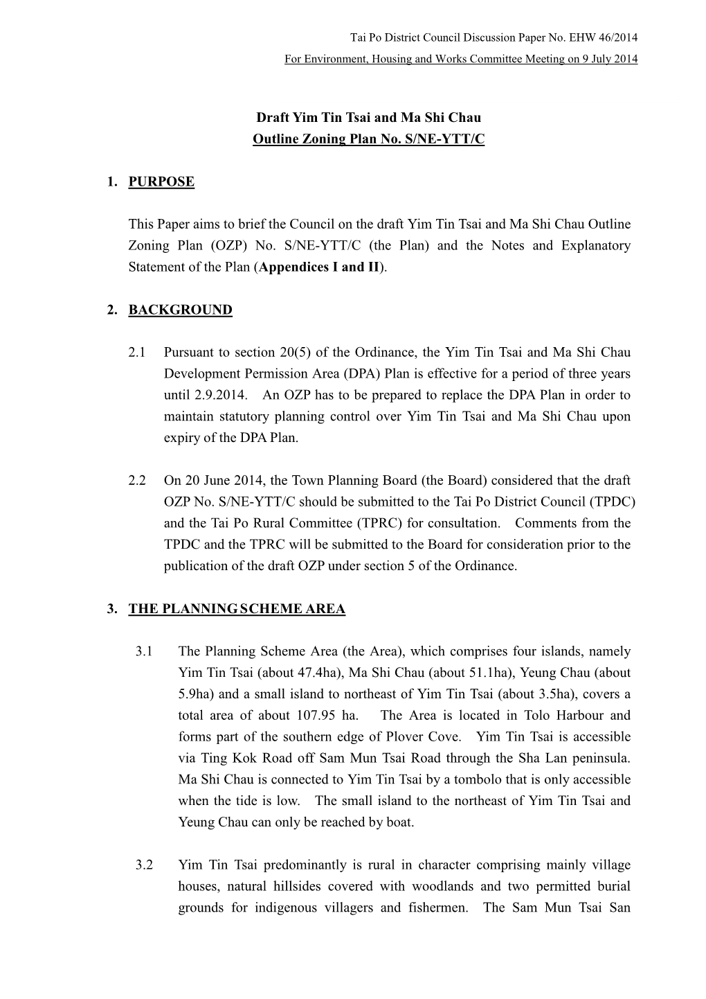 Draft Yim Tin Tsai and Ma Shi Chau Outline Zoning Plan No