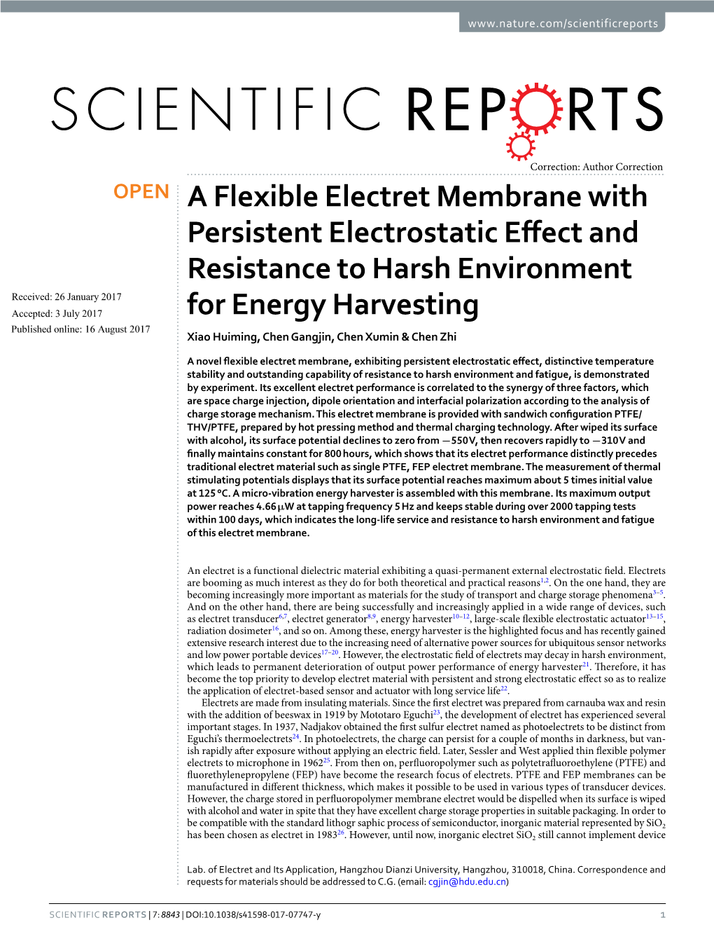 A Flexible Electret Membrane with Persistent Electrostatic Effect And