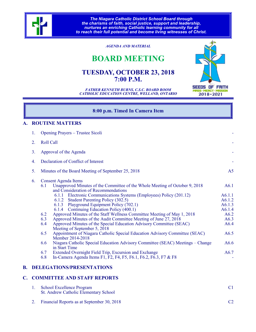 Board Meeting Tuesday, October 23, 2018 7:00 P.M