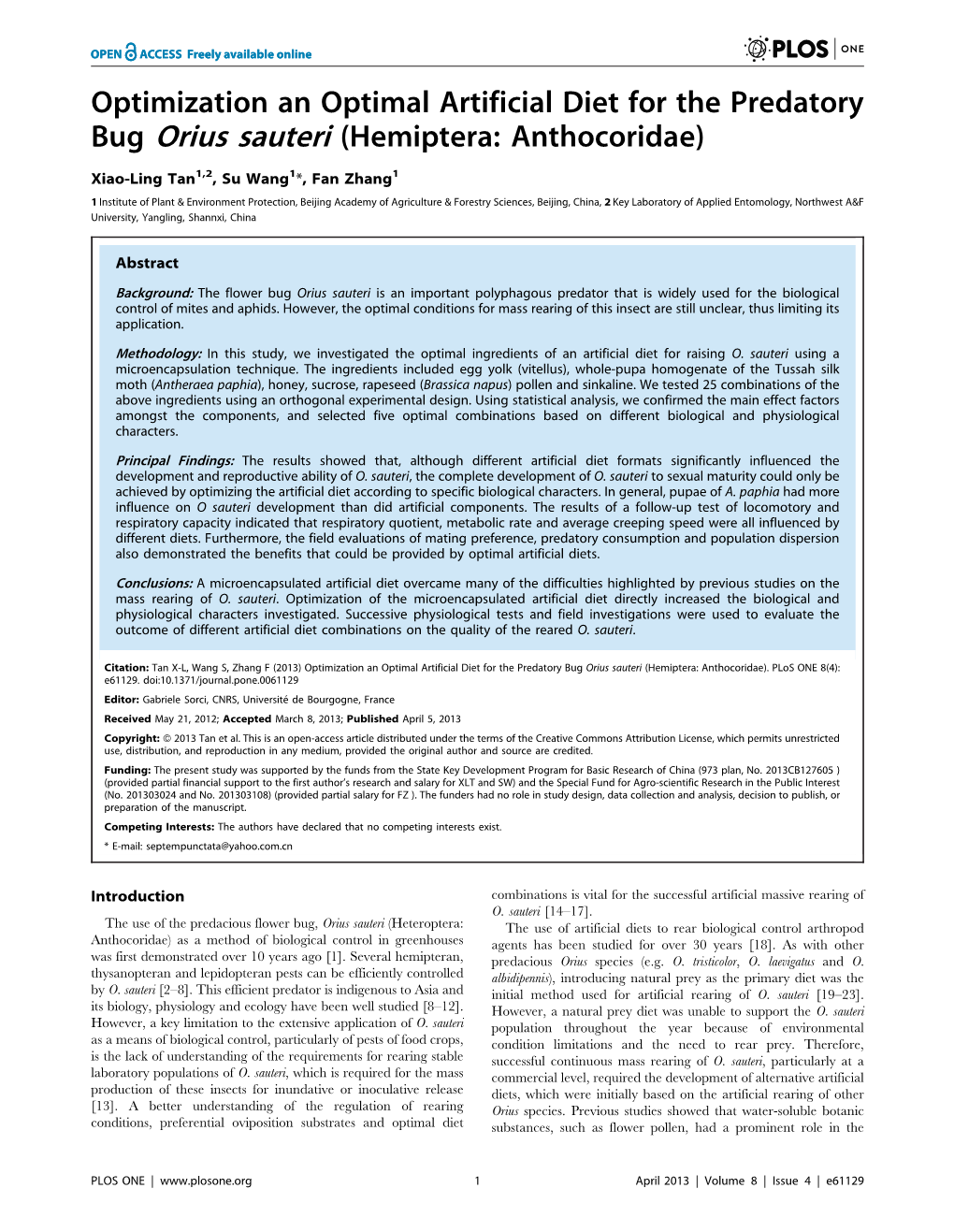 Optimization an Optimal Artificial Diet for the Predatory Bug Orius Sauteri (Hemiptera: Anthocoridae)