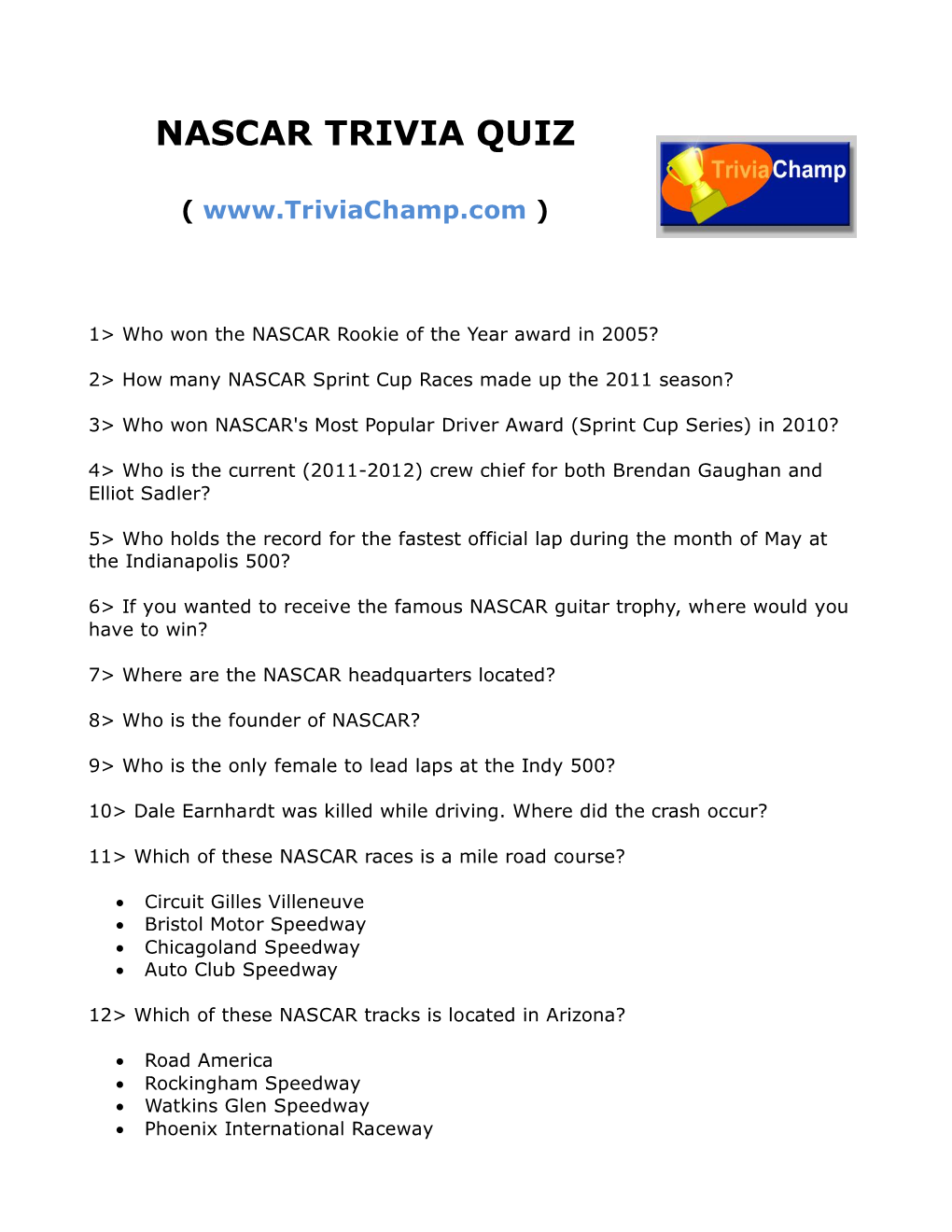 Nascar Trivia Quiz