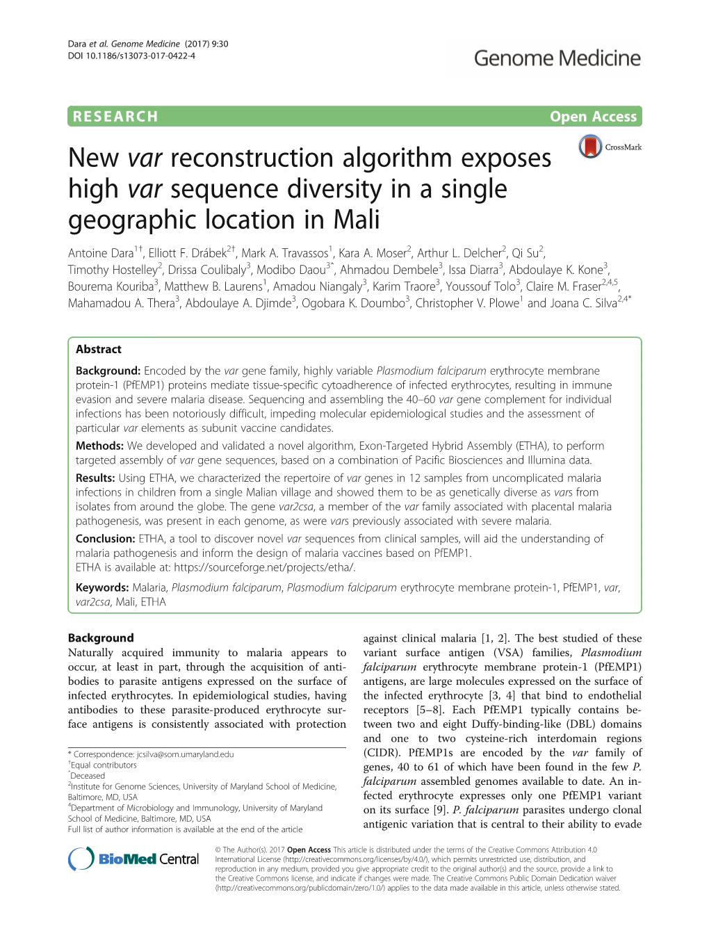 New Var Reconstruction Algorithm Exposes High Var Sequence Diversity in a Single Geographic Location in Mali Antoine Dara1†, Elliott F