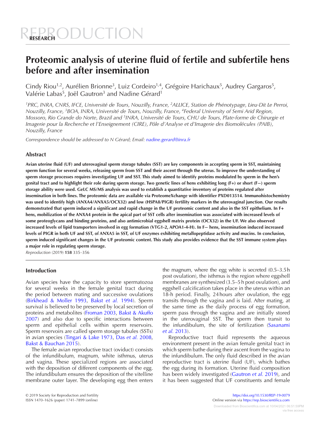 Proteomic Analysis of Uterine Fluid of Fertile and Subfertile Hens Before and After Insemination