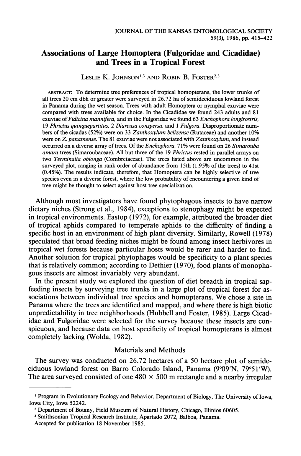 Associations of Large Homoptera (Fulgoridae and Cicadidae) and Trees in a Tropical Forest