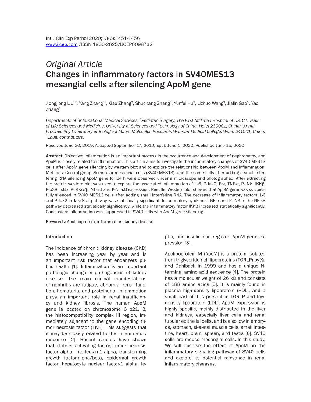 Original Article Changes in Inflammatory Factors in SV40MES13 Mesangial Cells After Silencing Apom Gene