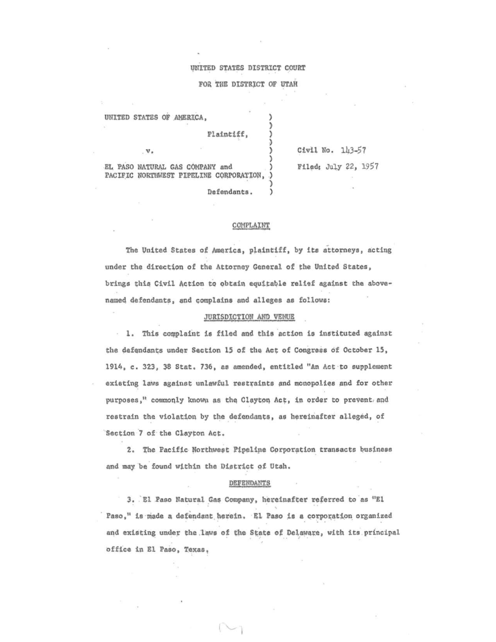 Complaint, United States V. El Paso Natural Gas Co