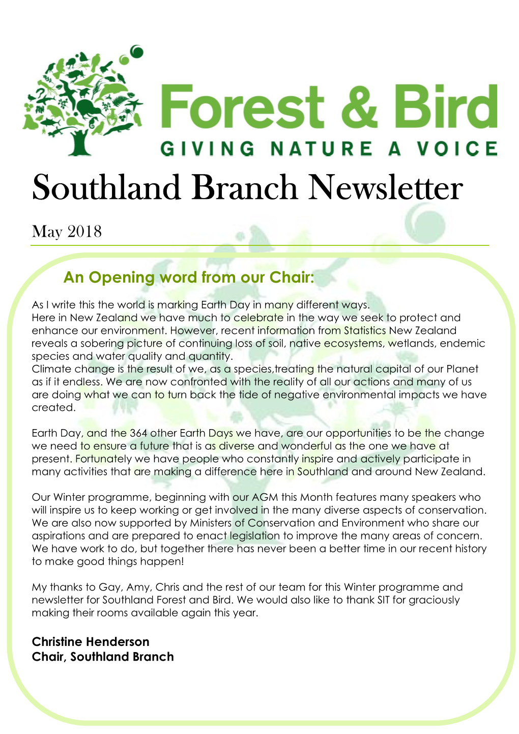 Southland Branch Newsletter May 2018