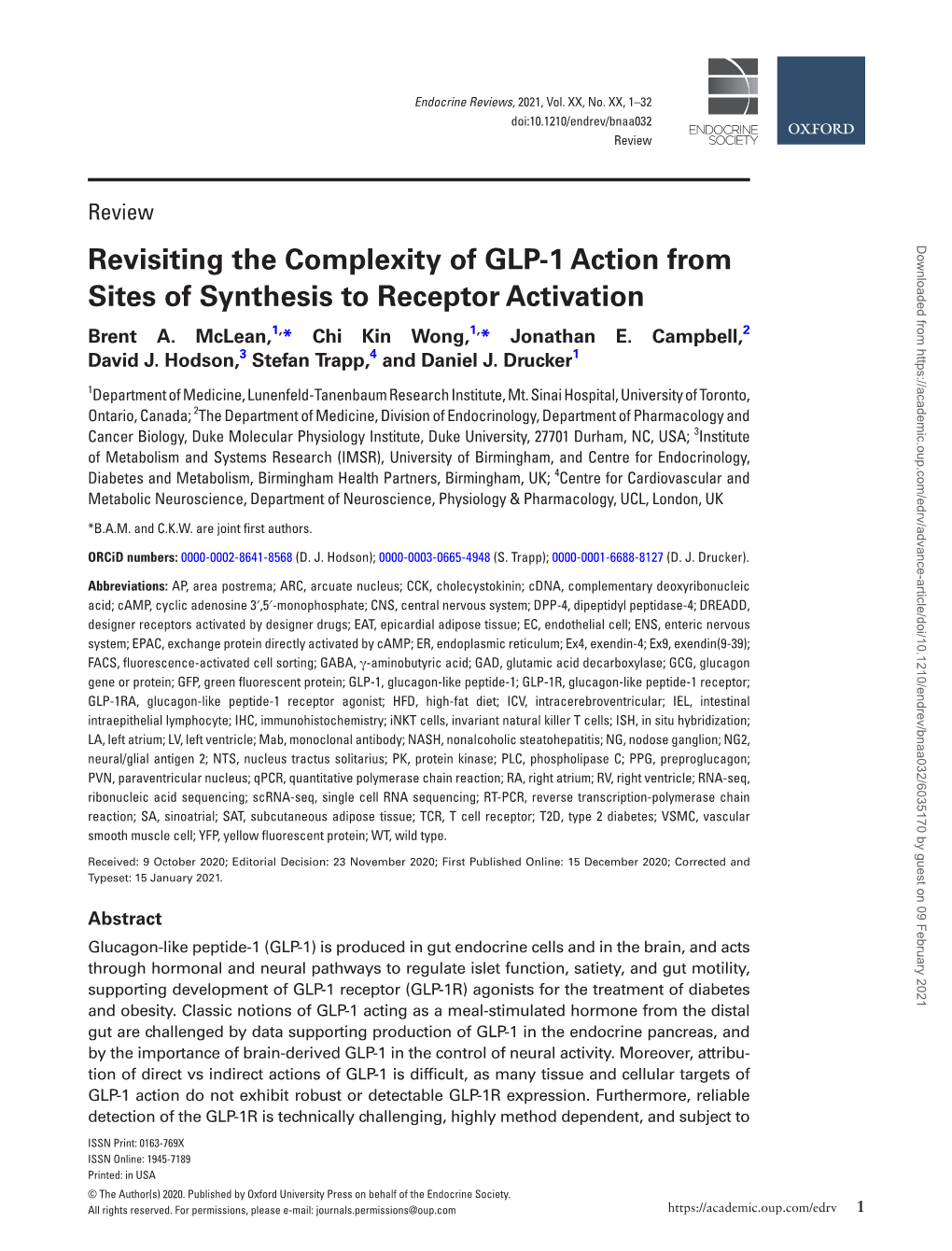 Revisiting the Complexity of GLP-1 Action from Sites of Synthesis to Receptor Activation Brent A