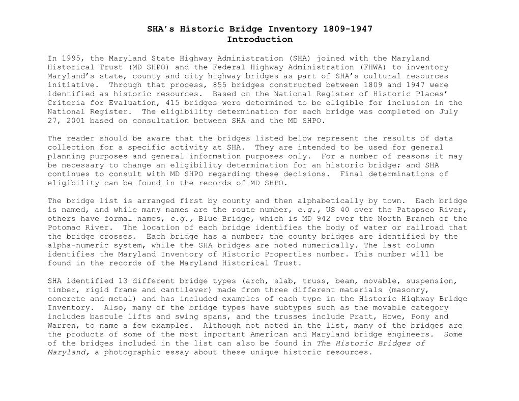 SHA's Historic Bridge Inventory 1809-1947 Introduction