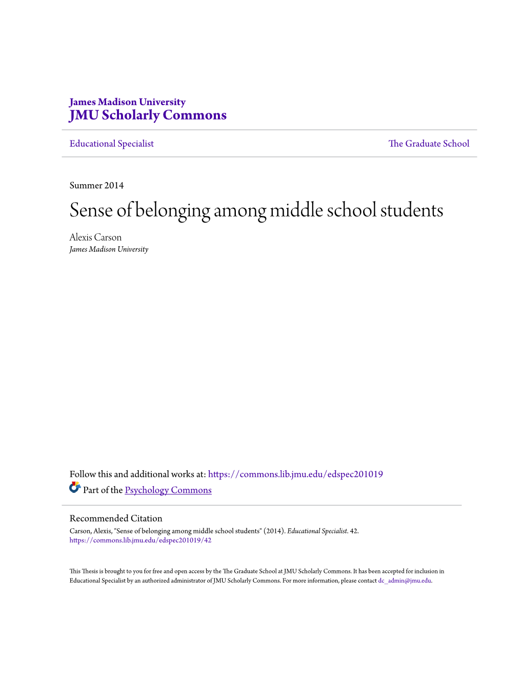 Sense of Belonging Among Middle School Students Alexis Carson James Madison University