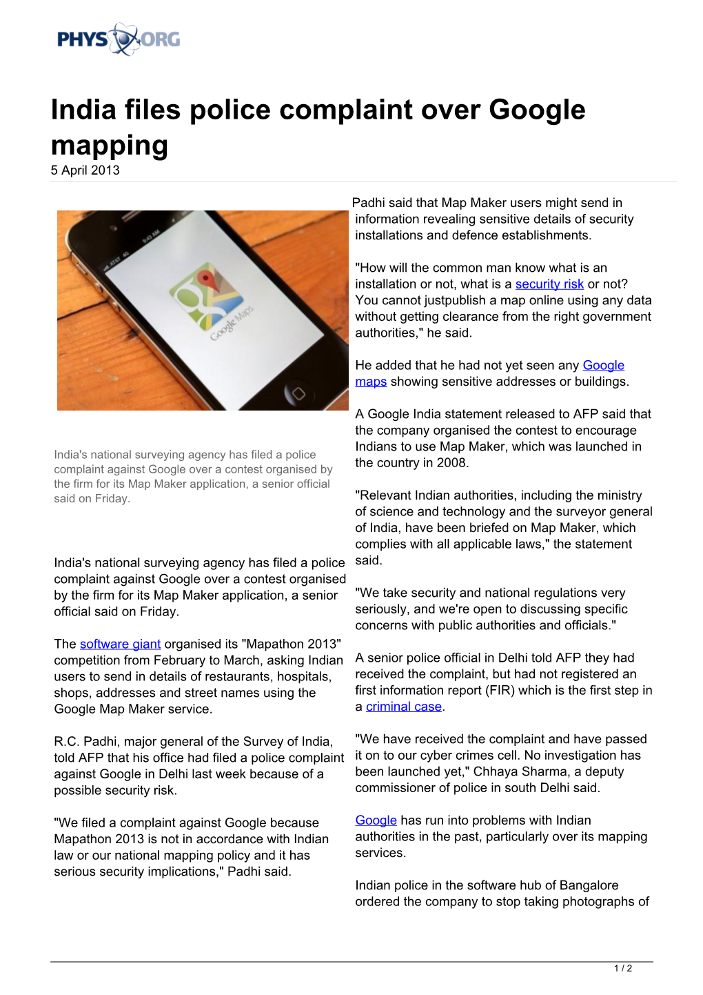 India Files Police Complaint Over Google Mapping 5 April 2013