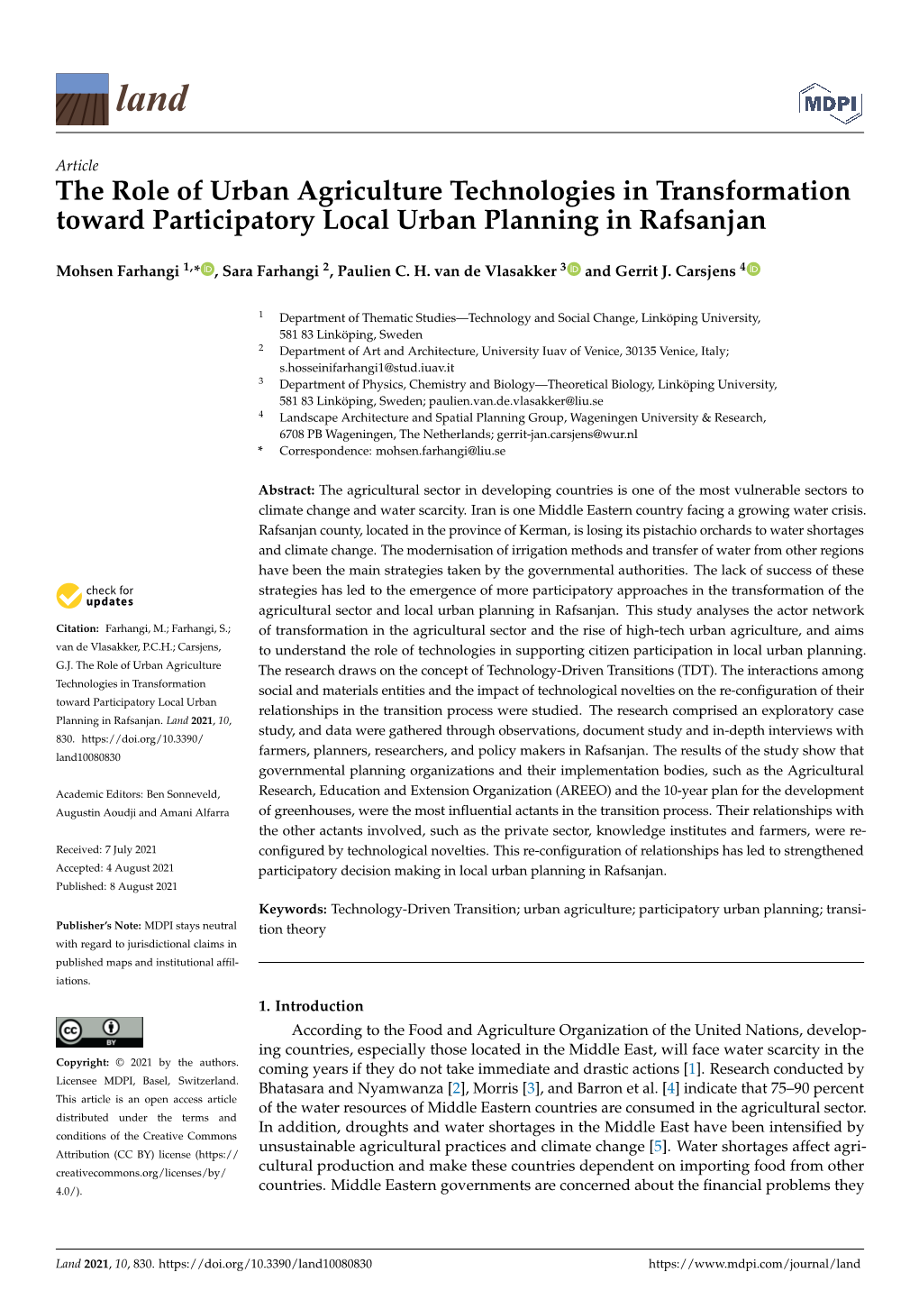 The Role of Urban Agriculture Technologies in Transformation Toward Participatory Local Urban Planning in Rafsanjan