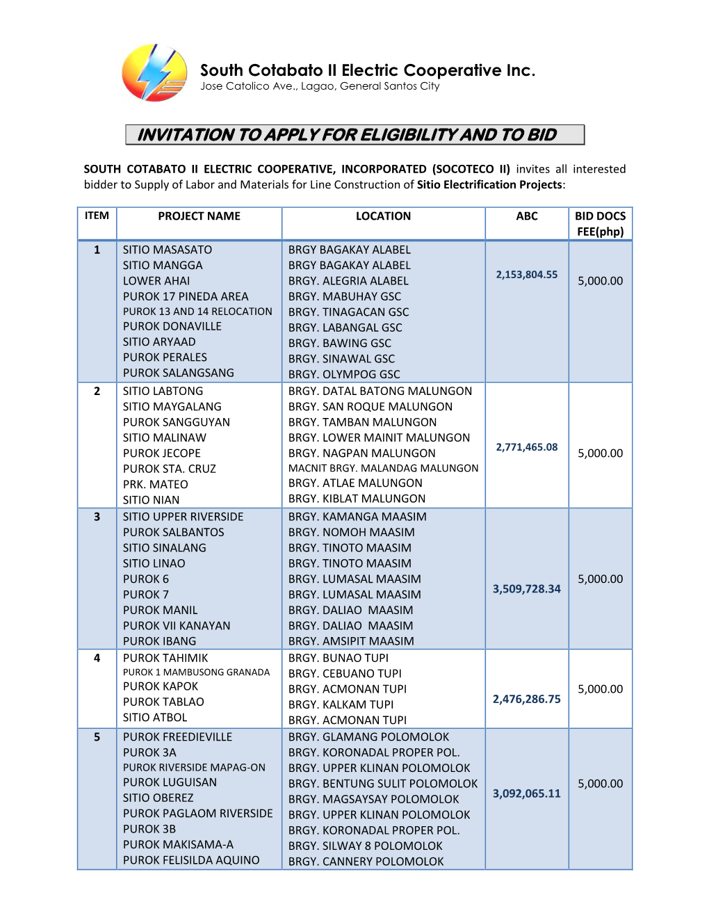 Invitation to Apply for Eligibility and to Bid