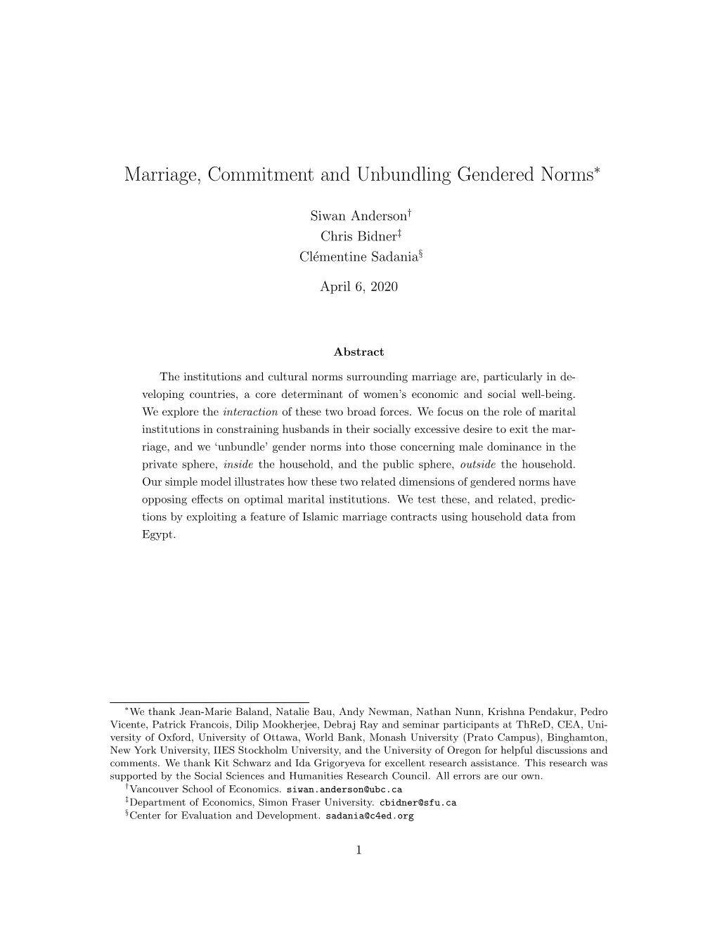 Marriage, Commitment and Unbundling Gendered Norms∗