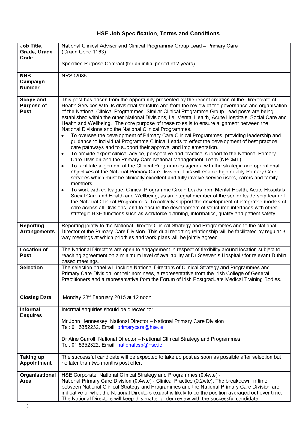 HSE Job Specification, Terms and Conditions