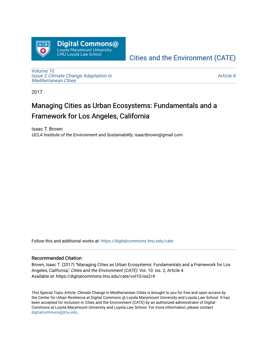 Managing Cities As Urban Ecosystems: Fundamentals and a Framework for Los Angeles, California